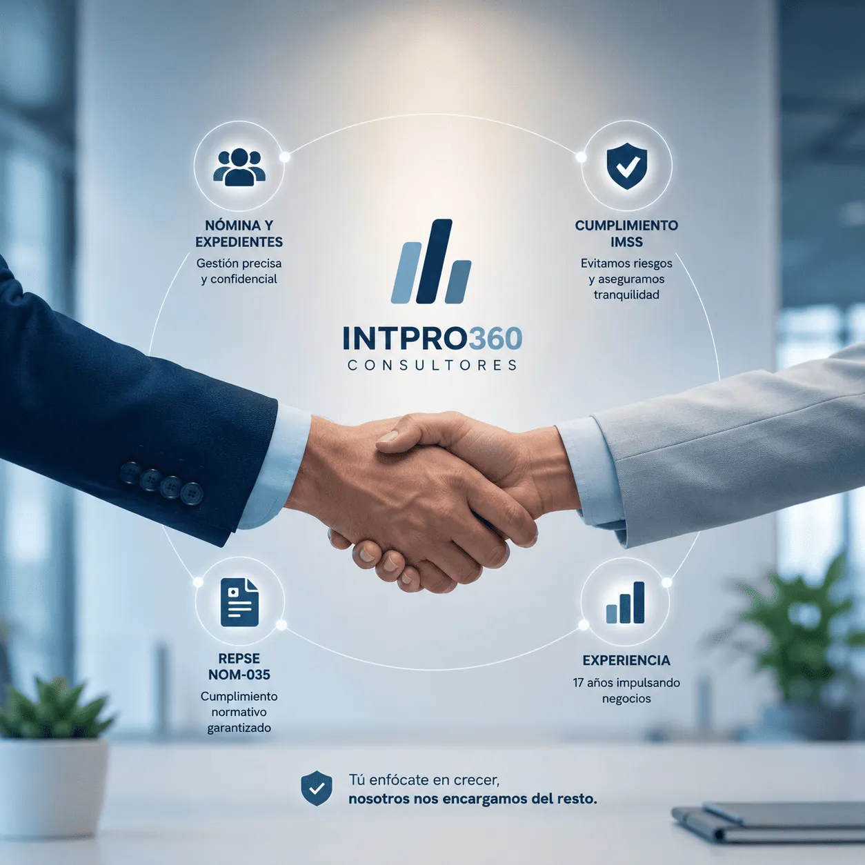 Apretón de manos entre dos personas de traje en una oficina, con el logotipo de INTPRO360 y cuatro pilares rotulados alrededor: nómina y expedientes, cumplimiento IMSS, REPSE y NOM-035, y 17 años de experiencia.